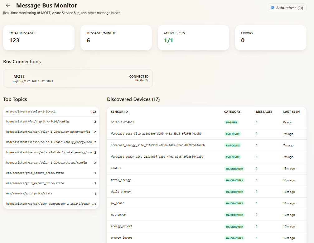 StroomR device monitor showing auto-discovered MQTT devices and sensor data